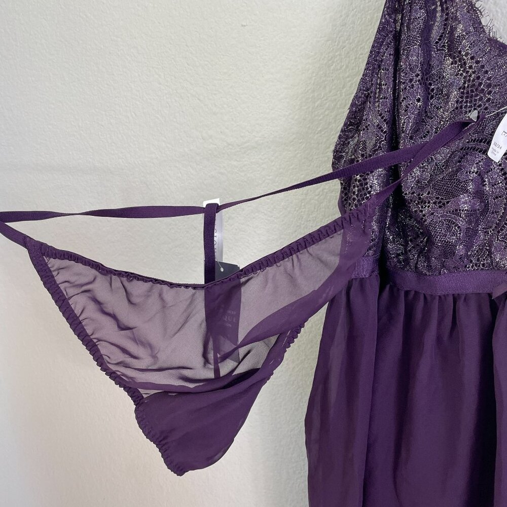 NEW Cacique Womens Plus 22/24 Purple Metallic Sheer Lace Babydoll Lingerie Set - Picture 7 of 14